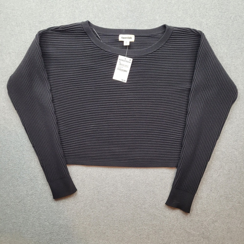 Open‎ Edit Ribbed Crop Sweater Womens Medium Black Long Sleeve Crew Neck